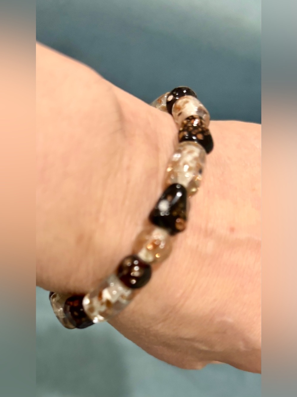 Handmade Glass Bead Stretch Bracelet in Brown and Clear
